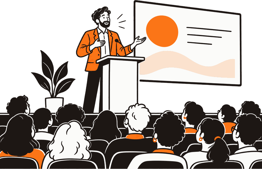 Ilustración: un conferencista presentando frente a un auditorio