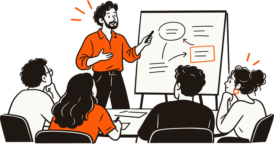 Ilustración: un facilitador explicando en un tablero frente a un grupo
